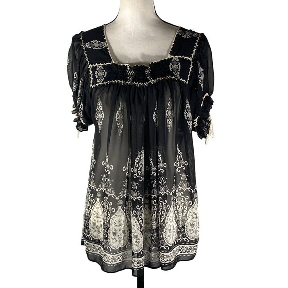 Y2K Womens Sheer Peasant Blouse top puff sleeve square neck baby doll Bohemian M - Picture 1 of 12
